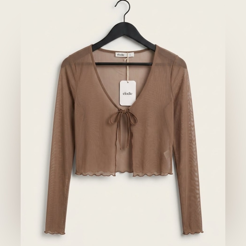 Elodie Sheer Tie-Front Crop Too in Taupe Brown